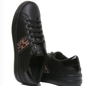 NEW GEOX Pontoise Lace Up Sneakers in Black Italian Leather Womens Size 37/7